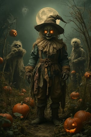 A grotesque fairytale scene featuring a scarecrow in a Halloween setting. The scarecrow is dressed in tattered clothing, with a sinister expression and eerie, glowing eyes. The scene is framed in a medium shot, with a mix of dim and moody lighting, casting spooky shadows. The composition is unsettling, with jack-o'-lanterns, cobwebs, and ghostly apparitions in the background. The location is a haunted field, blending the whimsical with the macabre.