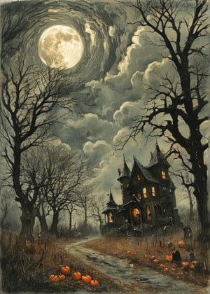 Haunted house horror Gustave Doré Greg Rutkowski sinister by Greg Rutkowski Rainy cemetery jack o lanterns on the ground, full moon, hyper realistic