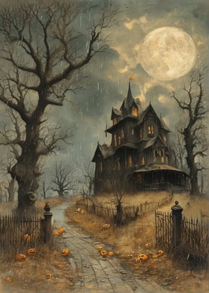 Haunted house horror Gustave Doré Greg Rutkowski sinister by Greg Rutkowski Rainy cemetery jack o lanterns on the ground, full moon, hyper realistic