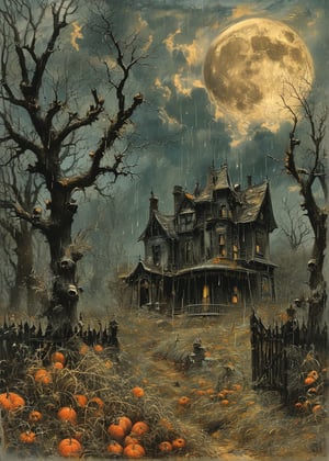 Haunted house horror Gustave Doré Greg Rutkowski sinister by Greg Rutkowski Rainy cemetery jack o lanterns on the ground, full moon, hyper realistic