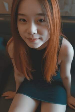 masterpiece, highly detailed full body image of ayoung girl with light gray eyes, Light orange long hair, punk hairstyle, smile, sweet and shy expression, little smile, cozy lighting, very dark background, wearing a black mini dress, sitting in a leather chair, unusual composition, use of negative space, spectral, close-up, detailed eyes, detailed mouth,LegendDarkFantasy