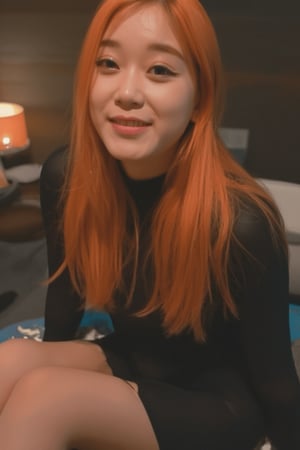 masterpiece, highly detailed full body image of ayoung girl with light gray eyes, Light orange long hair, punk hairstyle, smile, sweet and shy expression, little smile, cozy lighting, very dark background, wearing a black mini dress, sitting in a leather chair, unusual composition, use of negative space, spectral, close-up, detailed eyes, detailed mouth,LegendDarkFantasy