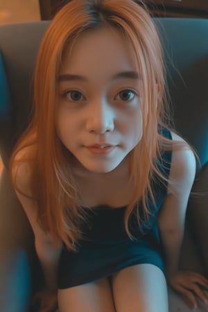 masterpiece, highly detailed full body image of ayoung girl with light gray eyes, Light orange long hair, punk hairstyle, smile, sweet and shy expression, little smile, cozy lighting, very dark background, wearing a black mini dress, sitting in a leather chair, unusual composition, use of negative space, spectral, close-up, detailed eyes, detailed mouth,LegendDarkFantasy