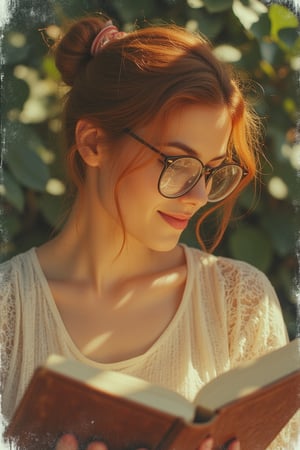 (side view, soft smile, hair_bun, hair_bow, reading glasses, pink lipstick), Polaroidx,
Woman's fiery locks ablaze with warm sunlight filtering through leafy branches above, her eyes lost in the pages of a worn leather-bound book. Soft, dappled shadows dance across her face, illuminating the gentle curve of her nose and the softness of her skin. A delicate oil painting, the brushstrokes bold yet tender, capturing the quiet intimacy of this moment in shade.,tronggg