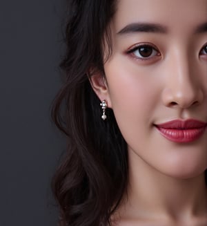 A close-up portrait of an Asian woman with long dark brown hair. Her eyes are a piercing blue and her eyebrows are a lighter brown. Her lips are a vibrant shade of red. Her hair is pulled back and cascades over her shoulders. She has a slight smile on her face, adding a touch of warmth to her face. Her ears are slender and pointy. She is wearing a pair of silver earrings on her right ear. The background is a dark gray, creating a stark contrast to her white face.