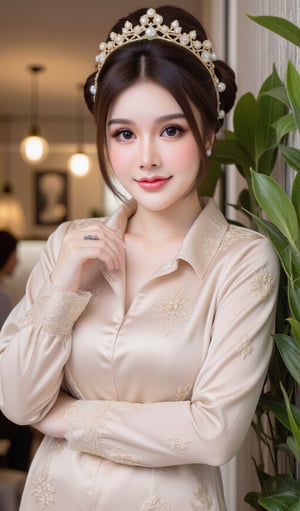 A captivating full-body shot of a beautiful Malay lady, standing elegantly at a modern restaurant. She wears a silky cotton kebaya with pastel shoulder veil, paired with modern buns adorned with a delicate flower tiara. The soft natural lighting enhances her serene expression and the luxurious texture of the attire. The composition frames her poised posture, capturing the intricate details of the traditional and contemporary elements in her ensemble.