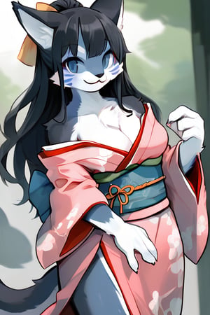  kimono,smile, 1girl, black hair,japanese clothes,long hair,furry