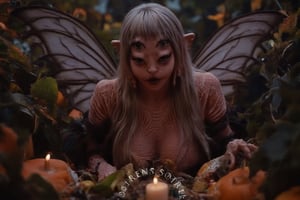 a women with four eyes, textured skin, wings, HALLOWEEN, pumpkins, candles, spider webs, spiders