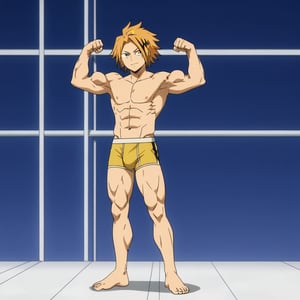 Denki Kaminari, full body shot, barefoot, wearing yellow briefs with a prominent bulge, flexing his muscular arms and legs. The shot captures his confident stance, with dramatic lighting highlighting his physique. The composition emphasizes his strength and athleticism, focusing on the tension in his muscles. The background is minimal, keeping the attention on the subject.