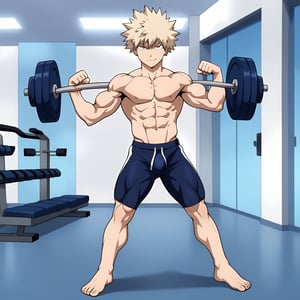 A full-body shot of Katsuki Bakugou in tight briefs, flexing his abs, barefoot, with a prominent bulge. The scene is set in a gym, with bright, focused lighting highlighting his muscular physique. Bakugou stands confidently with a smirk, emphasizing his strength and physique. The composition captures his flexed abs and bulging muscles in a close-up view.