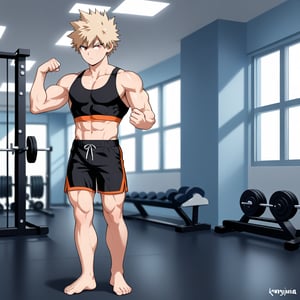 A full-body shot of Katsuki Bakugou and Denki Kaminari, both flexing their abs with intense expressions, standing barefoot in a gym setting. Their feet soles are clearly visible, and Bakugou's muscles are prominently defined with a noticeable bulge in his athletic shorts, while Kaminari shows off his toned physique. The lighting is dramatic, highlighting their muscular forms, and the composition emphasizes their competitive stance.