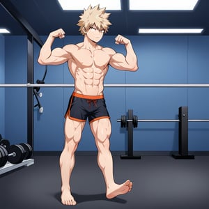 A full-body shot of Katsuki Bakugou and Denki Kaminari, both flexing their abs with intense expressions, standing barefoot in a gym setting. Their feet soles are clearly visible, and Bakugou's muscles are prominently defined with a noticeable bulge in his athletic shorts, while Kaminari shows off his toned physique. The lighting is dramatic, highlighting their muscular forms, and the composition emphasizes their competitive stance.