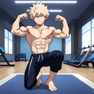 A dynamic full-body shot of Katsuki Bakugou and Denki Kaminari, both flexing their abs, barefoot, with a prominent bulge. The scene is set in a gym, with bright, focused lighting highlighting their muscular physiques. Bakugou stands confidently with a smirk, while Kaminari grins enthusiastically. The composition emphasizes their strength and camaraderie, with a close-up view of their flexed abs and bulging muscles.