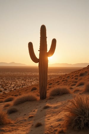 A lone cactus stands tall in the vast desert, its spiky silhouette sharply contrasted against the expansive, arid landscape. The scene is bathed in the golden light of the setting sun, casting long shadows that stretch across the sandy ground. The cactus, with its intricate, branching structure, is the focal point, framed by the endless horizon and clear, cloudless sky. The composition emphasizes the cactus's resilience and solitude, capturing the essence of the desert's harsh beauty.