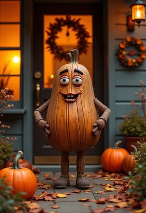 Masterpiece, top quality, absurd story, ingenious masterpiece: a pine nut character posing confidently on the front door of a cozy house surrounded by the sweetness of autumn. She has a warm and charming atmosphere, making it perfect for a happy Halloween celebration.