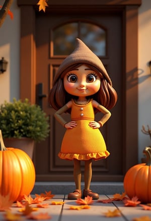 Masterpieces, 3D images, traditional fairy tales, beautiful fantasies: a fresh pine nut character posing confidently on the front door of a cozy house surrounded by the sweetness of autumn. She has a warm and charming atmosphere, making it perfect for a happy Halloween celebration