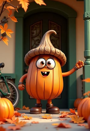 Masterpieces, 3D images, traditional fairy tales, beautiful fantasies: a fresh pine nut character posing with confidence with a playful look on the front door of a cozy house surrounded by the sweetness of autumn. He has a warm and charming atmosphere, perfect for a happy Halloween celebration. A green bicycle leans against the wall.
