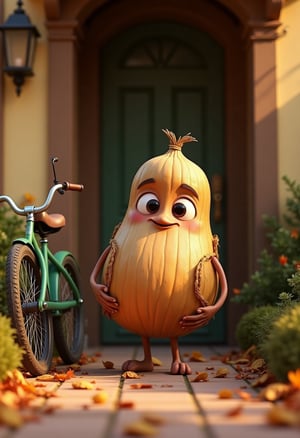 Masterpieces, 3D images, traditional fairy tales, beautiful fantasies: a fresh pine nut character posing with confidence with a playful look on the front door of a cozy house surrounded by the sweetness of autumn. He is skinned, revealing his white flesh. A green bicycle leans against the wall.