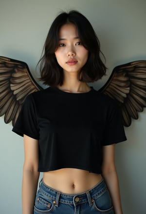 A masterpiece. A perfect model. A young Korean woman in her 20s with shoulder-length straight hair and wings in a black cropped T-shirt and jeans that cover her shoulders..a whirring of wings