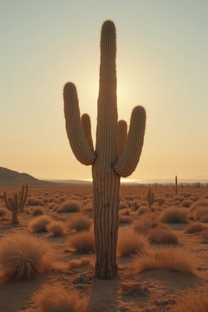 A lone cactus stands tall in the vast desert, its spiky silhouette sharply contrasted against the expansive, arid landscape. The scene is bathed in the golden light of the setting sun, casting long shadows that stretch across the sandy ground. The cactus, with its intricate, branching structure, is the focal point, framed by the endless horizon and clear, cloudless sky. The composition emphasizes the cactus's resilience and solitude, capturing the essence of the desert's harsh beauty.