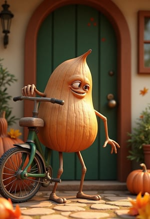 Masterpiece, 3D images, traditional fairy tales: a pine nut character with a green bicycle leaning against a wall with a playful expression on the front door of a cozy house surrounded by the sweetness of autumn. He is skinned, revealing his white flesh.