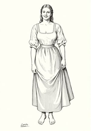 (Ink style drawing:1.2), beautiful 25 year old medieval german woman, smile, dirndl, barefoot.  masterpiece artwork,, masterpiece artwork, intricate detail, dynamic composition, beautiful lighting, CharlesDG