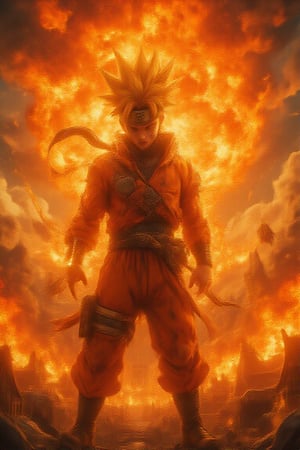 A dramatic, high-contrast shot: Naruto, eyes blazing with intense determination, stands in a bold, golden-lit stance. His orange jumpsuit is tattered and worn, as if from the intense struggle to contain his transforming aura. In the background, a swirling vortex of ki energy crackles, foreshadowing the imminent release of his inner Super Saiyan power.,FIRE & FLAME EFFECTS:  Photorealistic flames with visible heat distortion and plasma-like internal movement Multi-layered color gradient from white-hot core (2000°K) to deep crimson edges Dynamic flame tendrils with microscopic ember particles Volumetric lighting with accurate light scatter through smoke particles Real-world fire behavior with turbulent flow patterns and vortices Heat shimmer effect distorting the air around flames Physically accurate flame thickness and opacity  SMOKE CHARACTERISTICS:  Dense,volumetric smoke with varying opacity levels Multiple layers of turbulent flow with visible eddy currents Particle density variation from thick near source to wispy at edges Dynamic smoke movement with realistic air current interaction Color range from deep charcoal gray to light silver-gray wisps Visible particulate matter catching light within smoke columns Accurate dissipation patterns and atmospheric mixing  EXPLOSION DYNAMICS:  Initial fireball with intense white-hot core Rapid expansion wave with visible pressure distortion Multiple stages of explosion development Mushroom cloud formation with proper fluid dynamics Secondary shock waves with air displacement effects Heat-driven updraft creating vertical smoke columns Debris and particle systems within blast radius  FIRE BREATHING SPECIFICS:  Concentrated stream of atomized fuel particles Visible fuel droplets catching light within flame High-pressure projection physics Core temperature variation visible in flame coloration Realistic spread pattern as distance increases Interaction with surrounding air currents Proper fuel combustion characteristics  ATMOSPHERIC & LIGHTING:  God rays through smoke and particulate matter Realistic light bounce and ambient occlusion Temperature-based color shifts Atmospheric perspective on distant smoke Proper shadow casting from dense smoke Light refraction through heat distortion Environmental interaction with wind currents  TECHNICAL DETAILS:  Ultra-high resolution rendering (8K+) Photorealistic physical materials Ray-traced lighting and shadows Volumetric scattering simulation High-detail particle systems Realistic motion blur effects Physical-based rendering (PBR) materials  COLOR SPECIFICATIONS:  Flame core: #FFFFFF (white hot) Inner flame: #FFA500 (intense orange) Outer flame: #FF4500 (deep orange-red) Ember particles: #FF2400 (scarlet) Dense smoke: #1A1A1A (deep charcoal) Mid smoke: #4D4D4D (medium gray) Light smoke: #A9A9A9 (light gray)