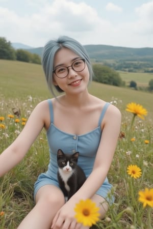 sitting in an open meadow, wild flowers and butterflies all around, happy, short light blue hair, cute summer dress, her little black and white cat sits beside her, glasses