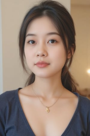 This is a high-resolution photograph of an East Asian woman with a fair complexion and straight, dark brown hair styled in a sleek, low ponytail with bangs that partially cover her forehead. She has a delicate, heart-shaped face with prominent cheekbones and a small nose. Her eyes are almond-shaped and dark, accentuated by subtle makeup, including eyeliner and mascara. She wears a light pink lipstick that complements her natural skin tone.

She is adorned with several pieces of jewelry: a delicate gold necklace with a small, four-leaf clover pendant, a matching gold hoop earring with a small star charm, and a small stud earring on her left ear. Her outfit includes a soft, fuzzy, dark blue cardigan that adds a cozy touch to her appearance. The background is minimalistic, with a neutral, beige wall that keeps the focus on her face and jewelry.

The overall style of the image is casual yet elegant, capturing a moment of personal reflection or self-expression. The lighting is soft and even, highlighting her features and the texture of her hair and clothing. The image conveys a sense of modern, minimalist fashion and personal style.,scute