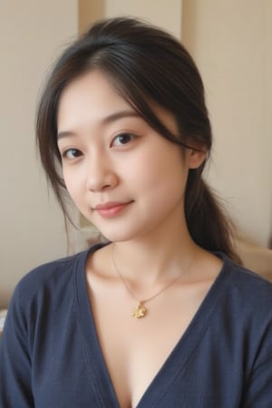 This is a high-resolution photograph of an East Asian woman with a fair complexion and straight, dark brown hair styled in a sleek, low ponytail with bangs that partially cover her forehead. She has a delicate, heart-shaped face with prominent cheekbones and a small nose. Her eyes are almond-shaped and dark, accentuated by subtle makeup, including eyeliner and mascara. She wears a light pink lipstick that complements her natural skin tone.

She is adorned with several pieces of jewelry: a delicate gold necklace with a small, four-leaf clover pendant, a matching gold hoop earring with a small star charm, and a small stud earring on her left ear. Her outfit includes a soft, fuzzy, dark blue cardigan that adds a cozy touch to her appearance. The background is minimalistic, with a neutral, beige wall that keeps the focus on her face and jewelry.

The overall style of the image is casual yet elegant, capturing a moment of personal reflection or self-expression. The lighting is soft and even, highlighting her features and the texture of her hair and clothing. The image conveys a sense of modern, minimalist fashion and personal style.,scute