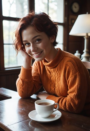 
score_9, score_8_up, score_7_up, bright colors, high contrast, vivid lighting, This is a digital illustration of a young girl with red hair. She is wearing an orange sweater and is sitting at a table with a white cup and saucer in front of her. The background shows a cozy room with a window and a lamp. front view, happy, short hair