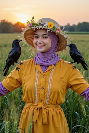 Highly detailed and exquisite detail, Upper body mid-shot, in the center of the frame is a girl AdelliaHalim dressed as a scarecrow, surrounded by a wide green barley field. The scarecrow, made of dry branches, dried flowers and straw, has a joyful expression and a happy smile, and wears an old and worn wide-brimmed straw hat that falls just below her eyebrows. She is wearing a vividly colored pearl yellow cotton shirt and purple velvet gloves, her arms are outstretched to the side, and two crows are sitting on her arms, which are very detailed and depicted. There is a sunset and natural light in the background. The subject's features are highly detailed and anatomically correct, and the vividly colored subject is set against a random natural background. Every texture, every realistic skin, every wrinkle, every hijab is rendered in 8k resolution with realistic painting quality, inviting the viewer into this dreamlike world.