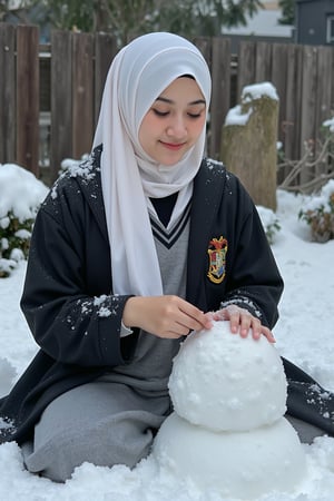 full body photo, Hermione Granger, AdelliaHalim with white hijab, black hogwarts school uniform, plays in the snow, building a very unique and impressive snow man BREAK cinematic lights, detailed eyes, detailed face, detailed hands