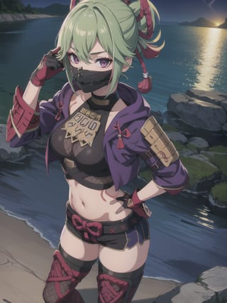 masterpiece, best quality, KShinobuV4, 1girl, solo, breasts, looking at viewer, thighhighs, gloves, navel, hair between eyes, standing, outdoors, standing on stone, sea, water, night, jacket, cowboy shot, from above, shorts, midriff, stomach, armor, crop top, hand on hip, short shorts, mask, black shorts, fishnets, rope, cropped jacket, mouth mask, purple jacket, fishnet top, ninja mask