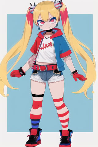 (1girl), blonde hair, blue and red colored twin tails, shorts, baseball jersey, hoody, torn clothes, gloves, jewelry, shorts, bracelets, fishnets, spikes, colorful clothes, belts, (Harley Quinn), skinny, smiling angry