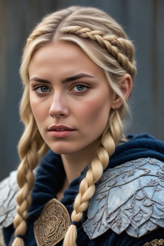 A fiercely proud Nordic girl stands, her presence exuding unwavering strength. Her blonde braids cascade down her back, framing a face marked by determination and resilience. This stunning portrait captures her piercing blue eyes, reflecting the icy landscapes of her homeland. The intricate details of her embroidered Viking armor and fur-lined cloak speak of her warrior spirit. This high-quality painting seamlessly combines power and grace, drawing the viewer into the captivating story of a fierce Nordic warrior princess. playful body manipulations, divine proportion, non-douche smile, gaze into the camera, holographic shimmer, whimsical lighting, enchanted ambiance, soft textures, imaginative artwork, ethereal glow, silent Luminescence, whispering Silent, iridescent Encounter, vibrant background, by Skyrn99, full body, (((rule of thirds))), high quality, high detail, high resolution, (bokeh:2), backlight, long exposure:2