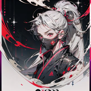 Ultra-rare card style, 1 ninja male, solo, bright red eyes, black ninja clothes, fully covered face, glitter silver perimeter, fully red-white glitter background effect, detailed glittering effect, r1ge, aura background, dark,r1ge,sansan33