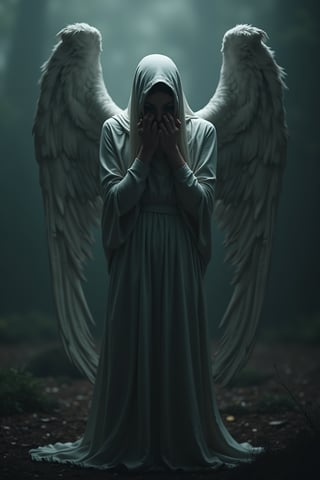 create a hyper realistic image of fallen angel, depression, regret, dark theme, serene expression, standing_up, highly detailed, high_resolution, sharp focus, long_shot