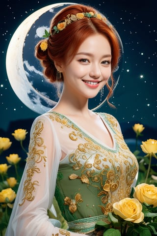 (1girl, smile, face focus, bun hair, perfect face, medium shot, gracefully, golden petals and green flowers form intricate patterns against the backdrop of the moon, reminiscent of the styles of Da Vinci), Detailed texture, High quality, High resolution, High precision, Realism, Color correction, Proper lighting settings, Harmonious composition, Behance Works,detail-rendering,Realistic Enhance,redhead