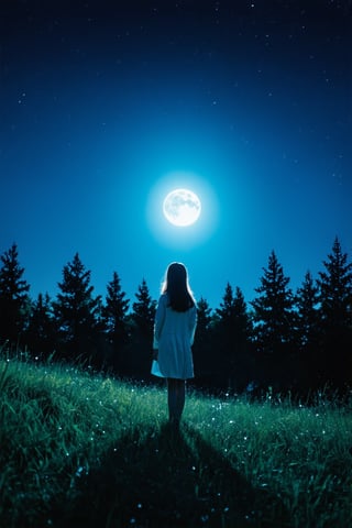 (best quality,highres:1.2),(ultra-detailed,extreme detail description),(realistic:1.37),a girl looking at the horizon,in a beautiful night, girl,soft moonlight,rays of moonlight,starlit sky,serene atmosphere,gentle breeze in the air,subtle colors,natural beauty,silhouette of trees,dreamy ambiance,peaceful,calm,reflective,deep thoughts,loneliness,tranquility,inner emotions,faint shadows,mystery,serene expression,soft glow,nighttime scenery,crisp air,nighttime solitude,whispers of night,ethereal atmosphere