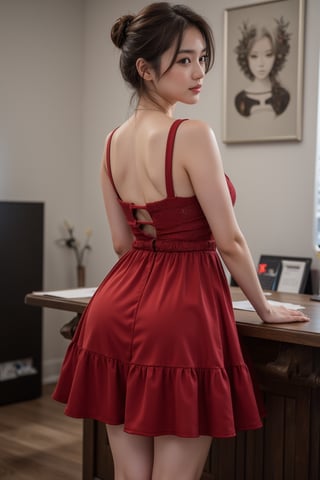 Realistic photography, short hair woman ,red dress , office room