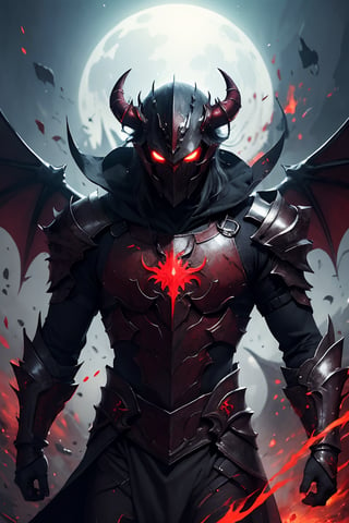 (masterpiece, top quality, best quality, official art, beautiful and aesthetic), 1boy, male, fully armored, masked, blood magic, draconic armor, red and black color scheme, glowing eyes, red demonic horns, demon god, demon king, red eyes, epic, demonic halo, (dynamic angle), abyssal, splash art, highest definition, dark background, gradient background