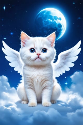 potrait of winged white kitten sitting on the clouds. a moon and stars in the night sky, ethereal cutie, fantasy, mystical sky