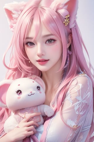 Adorable kawaii anime girl with pink hair, big sparkly eyes, holding a plush toy, pastel colors, soft lighting, by Sakimichan and Nekopara team, digital painting style,csgirl