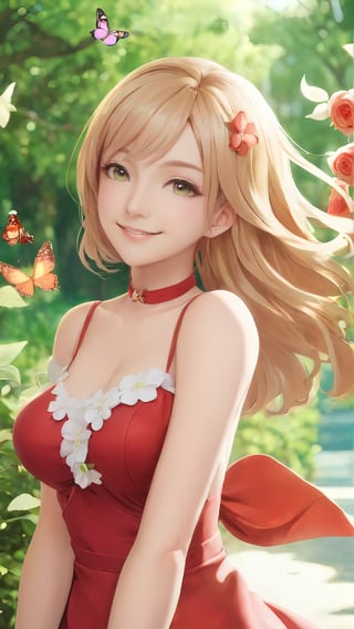 ((best quality)), ((masterpiece)), ((best illustration)), ((anime artwork)), 1girl, smile, light, red short dress, flower, rose_hairpin, outdoors, landscape, depth of field, blonde hair, beautifull eyes, choker, butterfly, big_boobies, no brand girls, on eye level, scenic