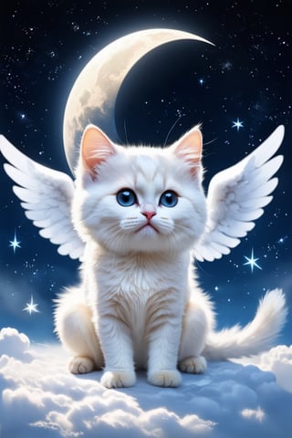 potrait of winged white kitten sitting on the clouds. a moon and stars in the night sky, ethereal cutie, fantasy, mystical sky