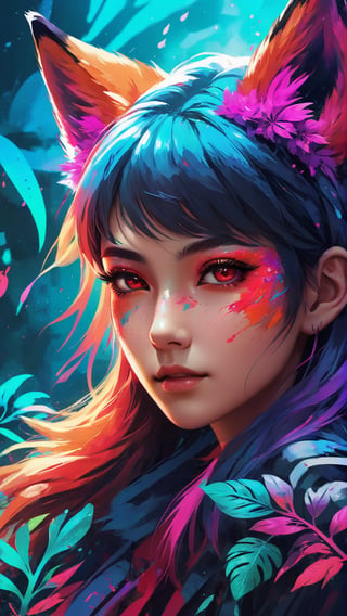 (masterpiece:1.1), (highest quality:1.1), (HDR:1.0), extreme quality, cg, (negative space), detailed face+eyes, 1girl, fox ears, animal ear fluff, (plants:1.18), (fractal art), (bright colors), splashes of color background, colors mashing, paint splatter, complimentary colors, neon, (thunder tiger), compassionate, electric, limited palette, synthwave, fine art, tan skin, upper body, (blu and red:1.2), time stop, sy3, SMM