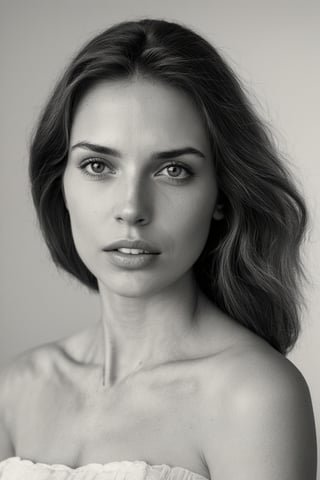 Portrait of a woman with natural beauty, captured in black and white by John Byrne, soft lighting, delicate features, emotion captured in her eyes.