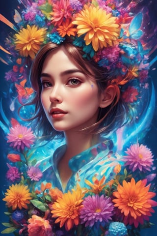 masterpiece, best quality, official art, aesthetic, 1girl, detailed background, isometric, psychedelia art, flowers,fractal art, multicolored, splash art