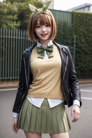 masterpiece, best quality, highres, aayotsuba, short hair, hair ribbon, green ribbon, hairband, green bow, sweater vest, blazer, black jacket, open clothes, long sleeves, green skirt, pleated skirt, , standing, cowboy shot, outdoors, smile, open mouth, ,aayotsuba